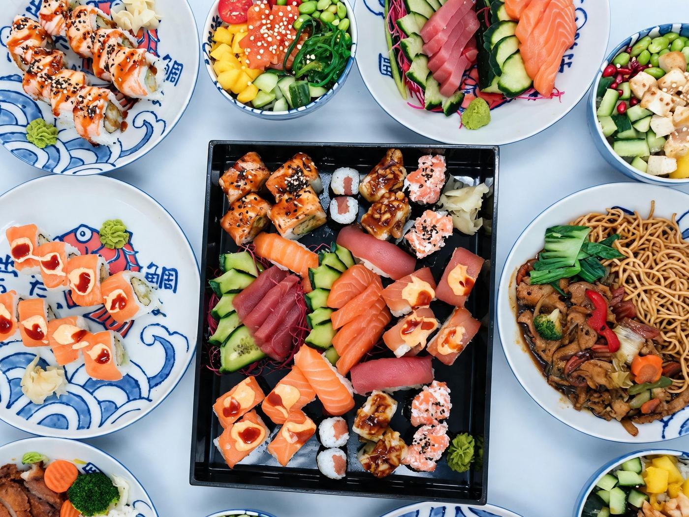 Gerichte von Fushi von oben: Sushi-Platte mit Rollen, Nigiri und Sashimi, dazu Poké Bowls und warme Gerichte mit Nudeln